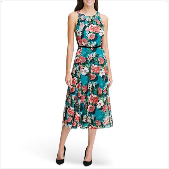 Tommy Hilfiger Teal Floral Printed Halter Patent Belted Midi Dress New NWT 6 - Picture 1 of 5